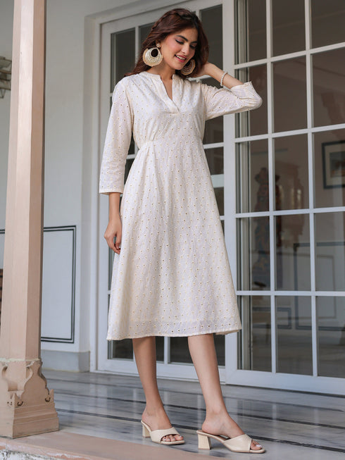 Janasya Women's Off White Pure Cotton Schiffli A-line Dress